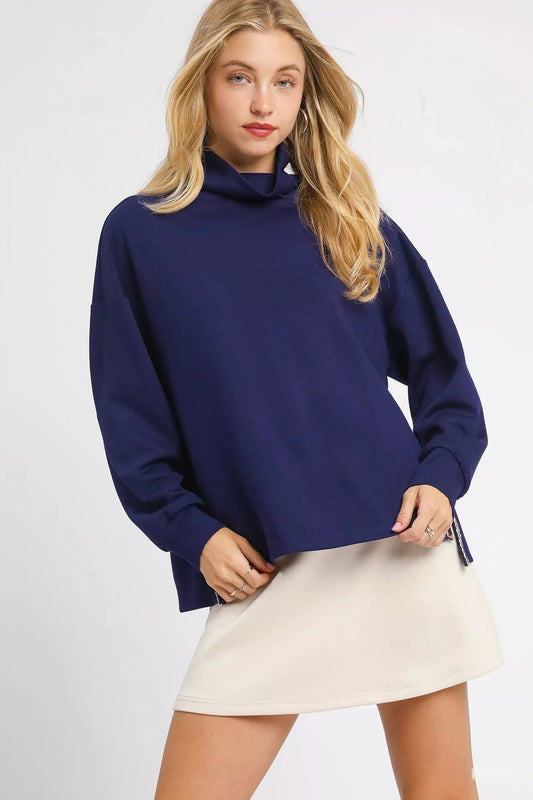 Umgee Turtle Neck Dolman Sleeve Side Slit Sweater with Contrast Detail - Jennie Dots