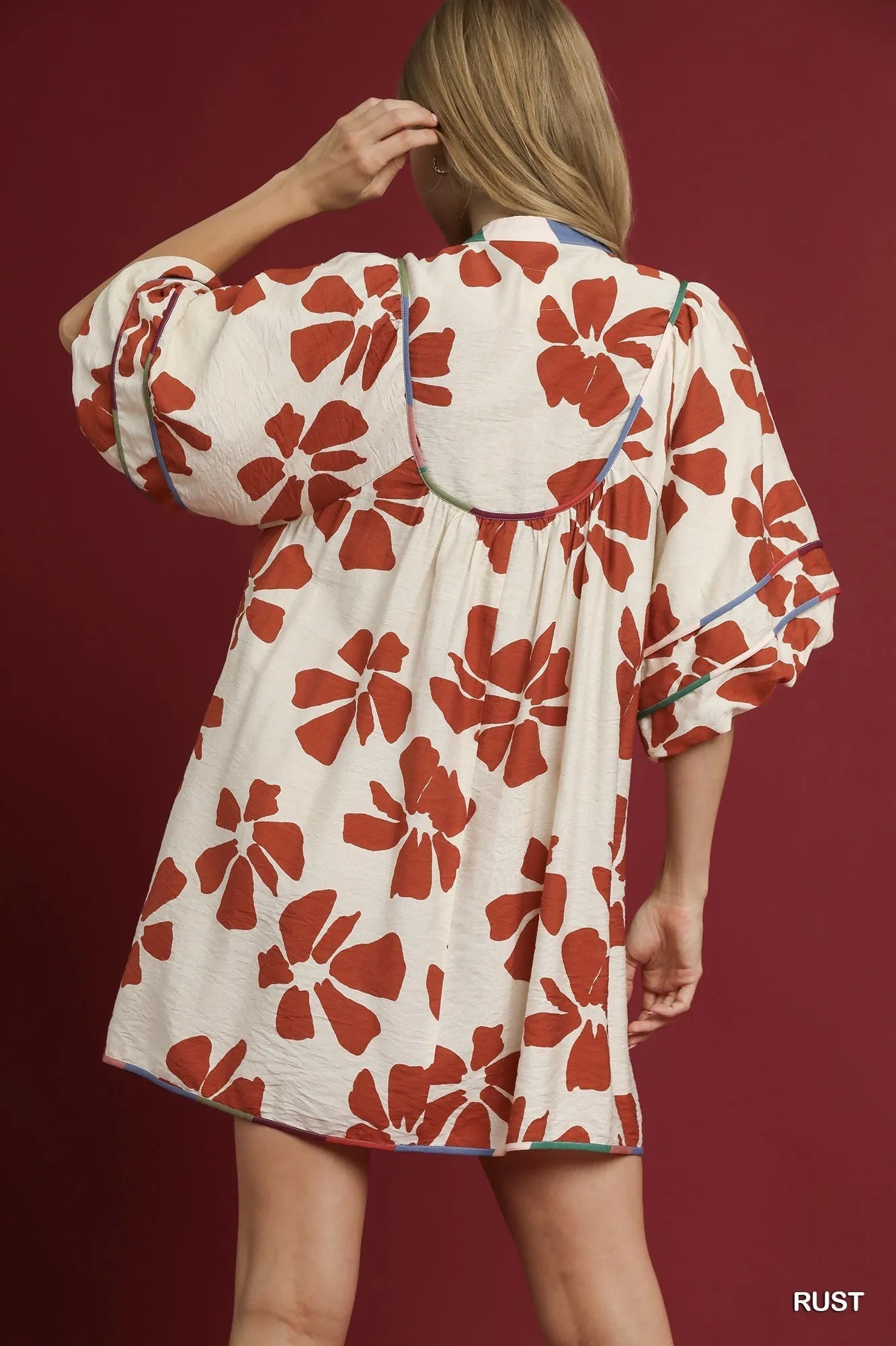 Umgee Two Tone Floral Tie - Neck Babydoll Dress - Jennie Dots