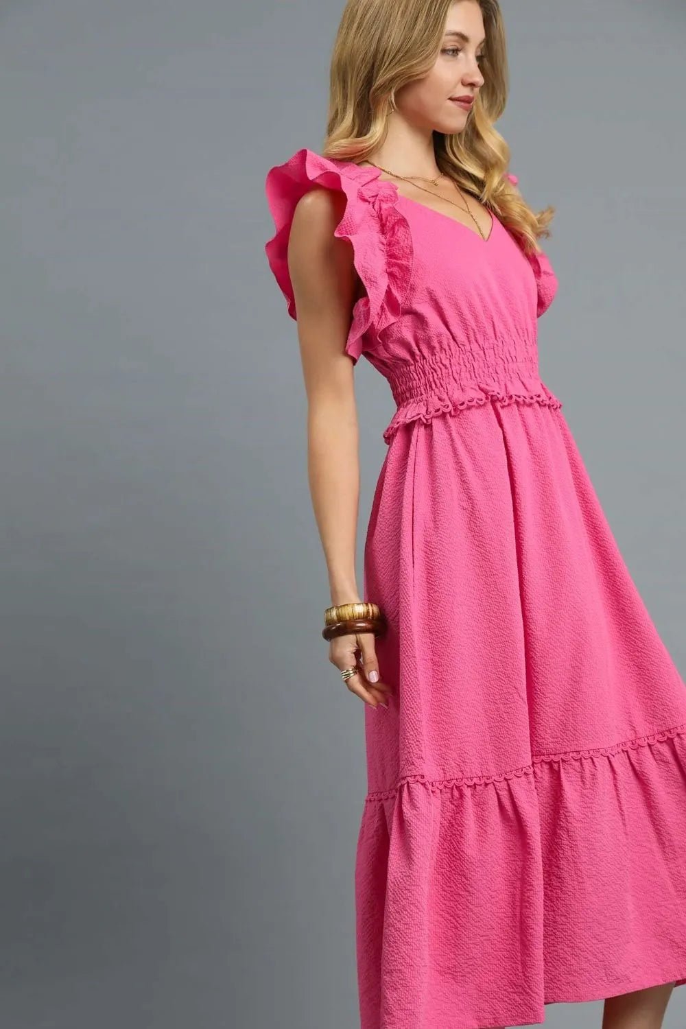 Umgee V - Neck Ruffled Cap Sleeve Midi Dress - Jennie Dots