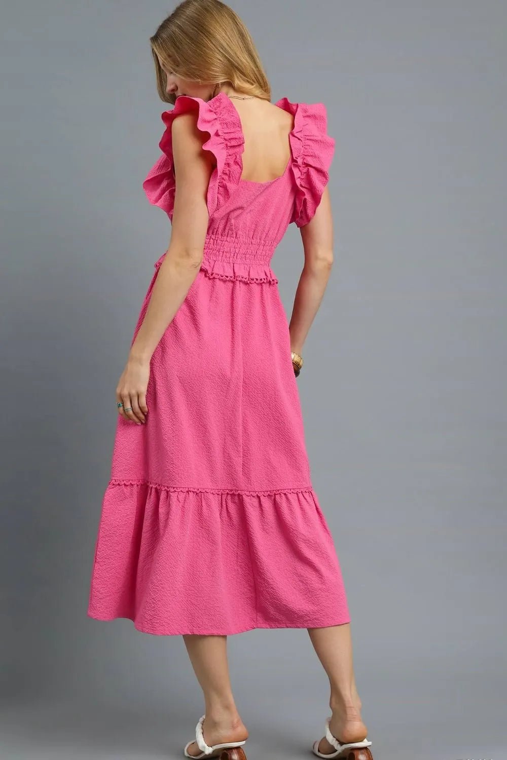 Umgee V - Neck Ruffled Cap Sleeve Midi Dress - Jennie Dots