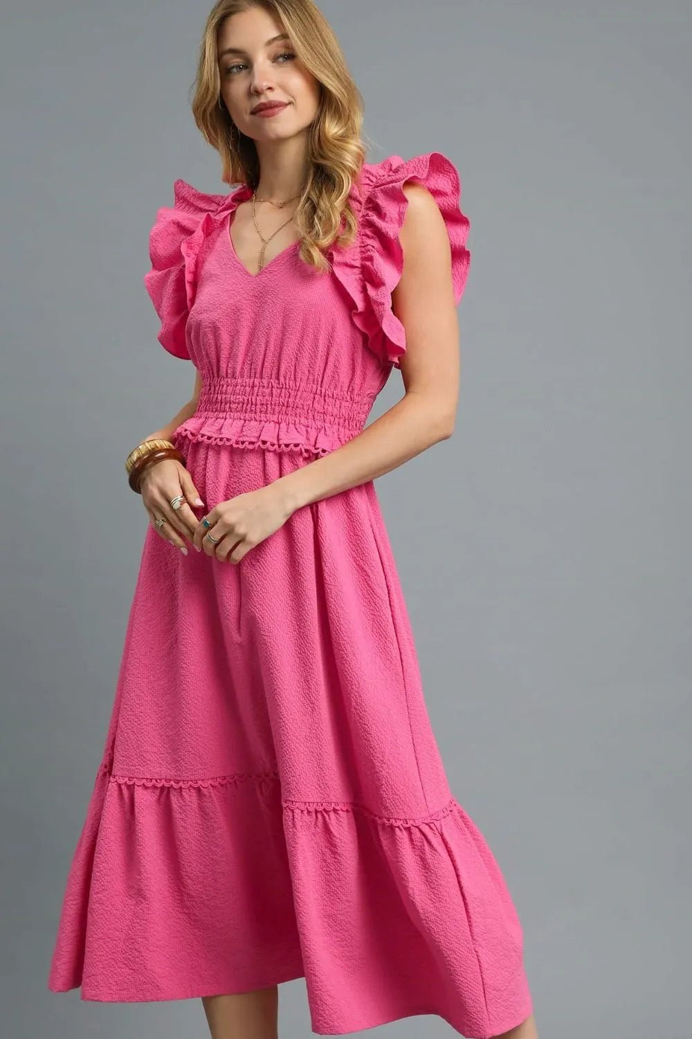 Umgee V - Neck Ruffled Cap Sleeve Midi Dress - Jennie Dots