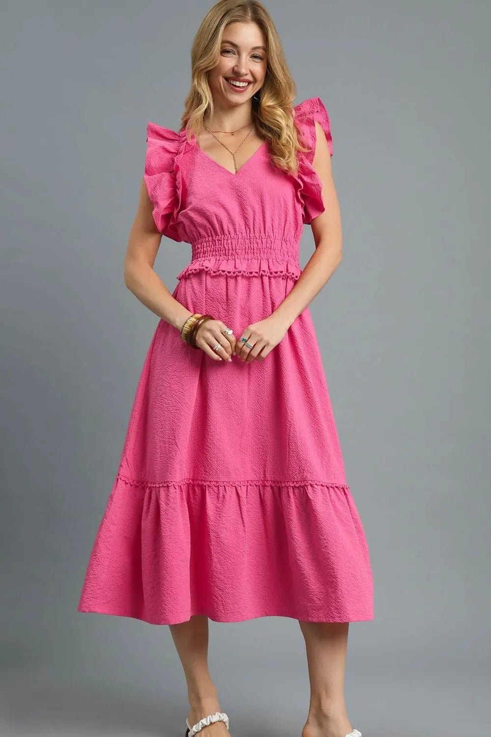 Umgee V - Neck Ruffled Cap Sleeve Midi Dress - Jennie Dots