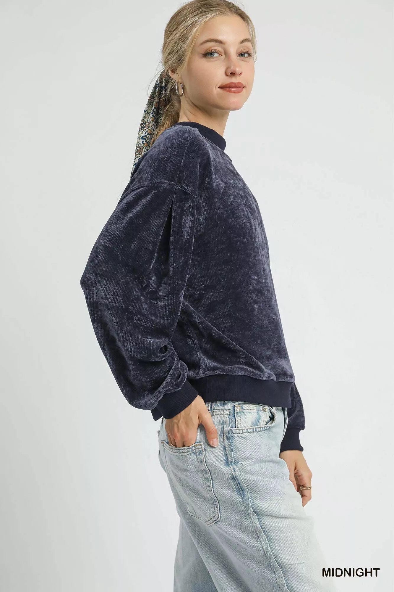 Umgee Velour Crewneck Balloon Sleeve Sweatshirt - Jennie Dots