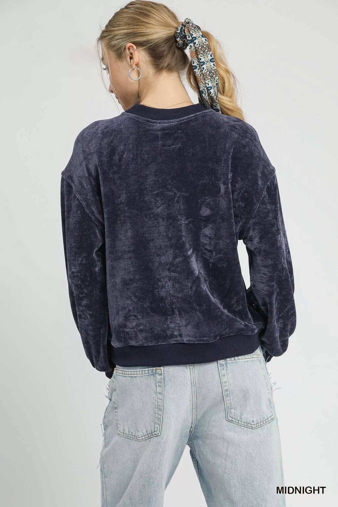Umgee Velour Crewneck Balloon Sleeve Sweatshirt - Jennie Dots