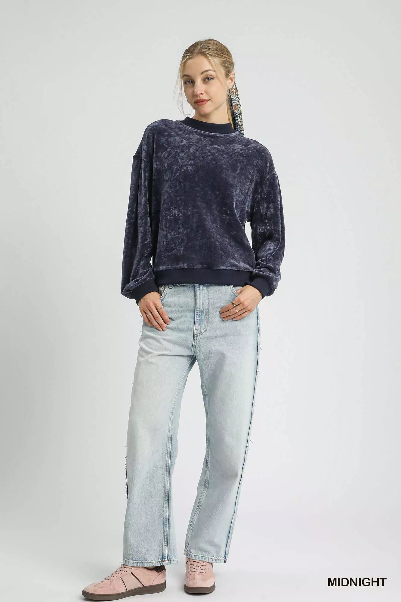 Umgee Velour Crewneck Balloon Sleeve Sweatshirt - Jennie Dots