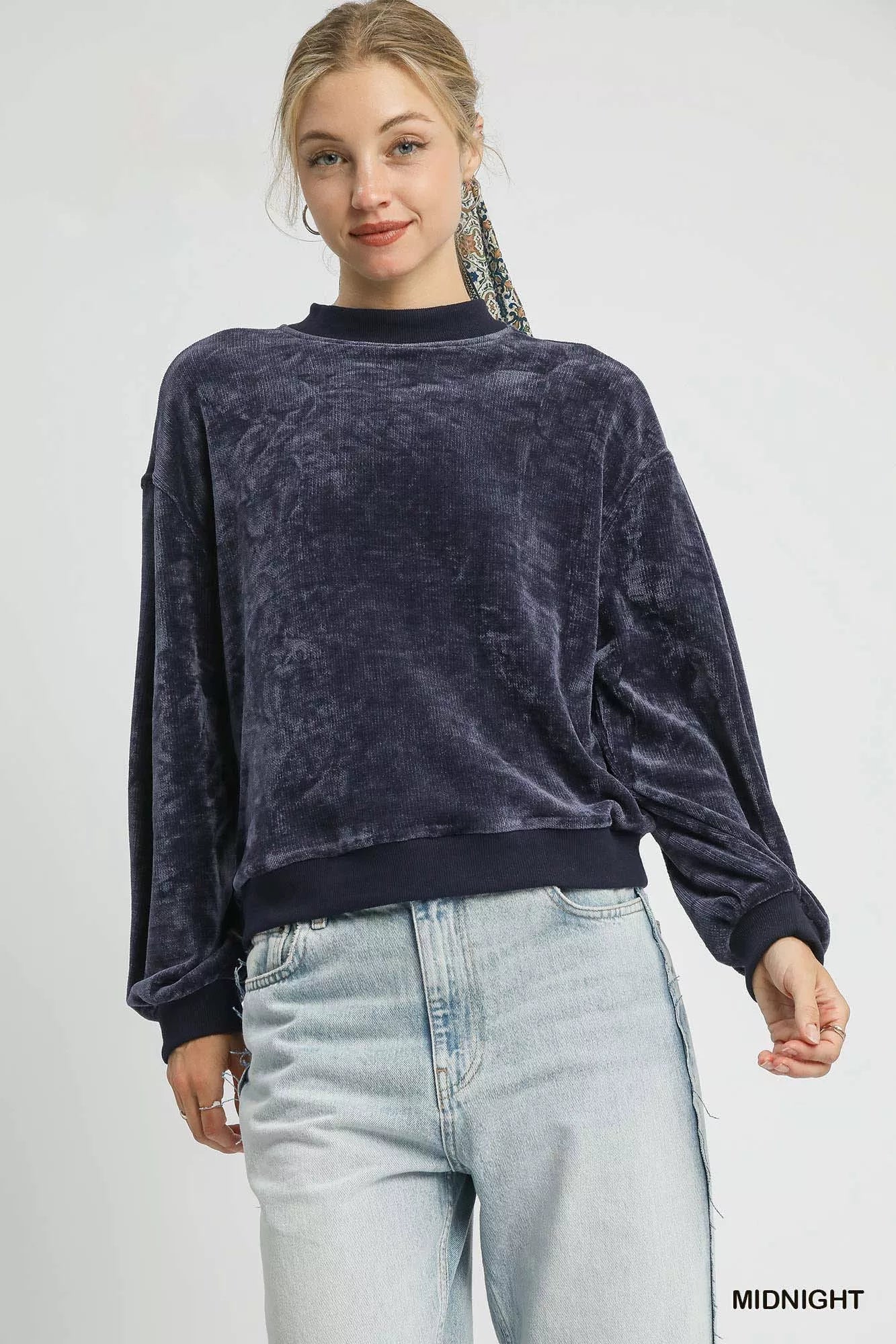 Umgee Velour Crewneck Balloon Sleeve Sweatshirt - Jennie Dots