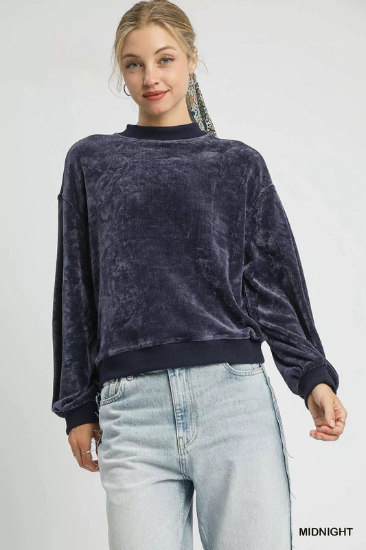 Umgee Velour Crewneck Balloon Sleeve Sweatshirt - Jennie Dots