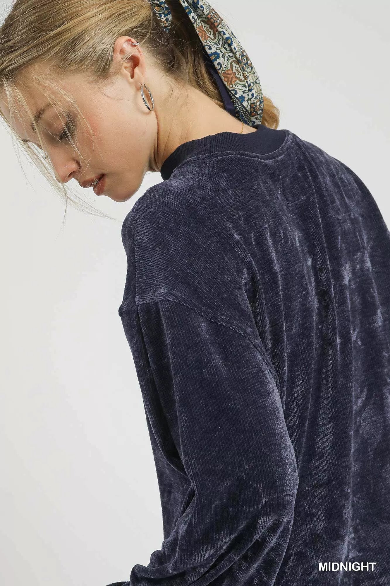 Umgee Velour Crewneck Balloon Sleeve Sweatshirt - Jennie Dots