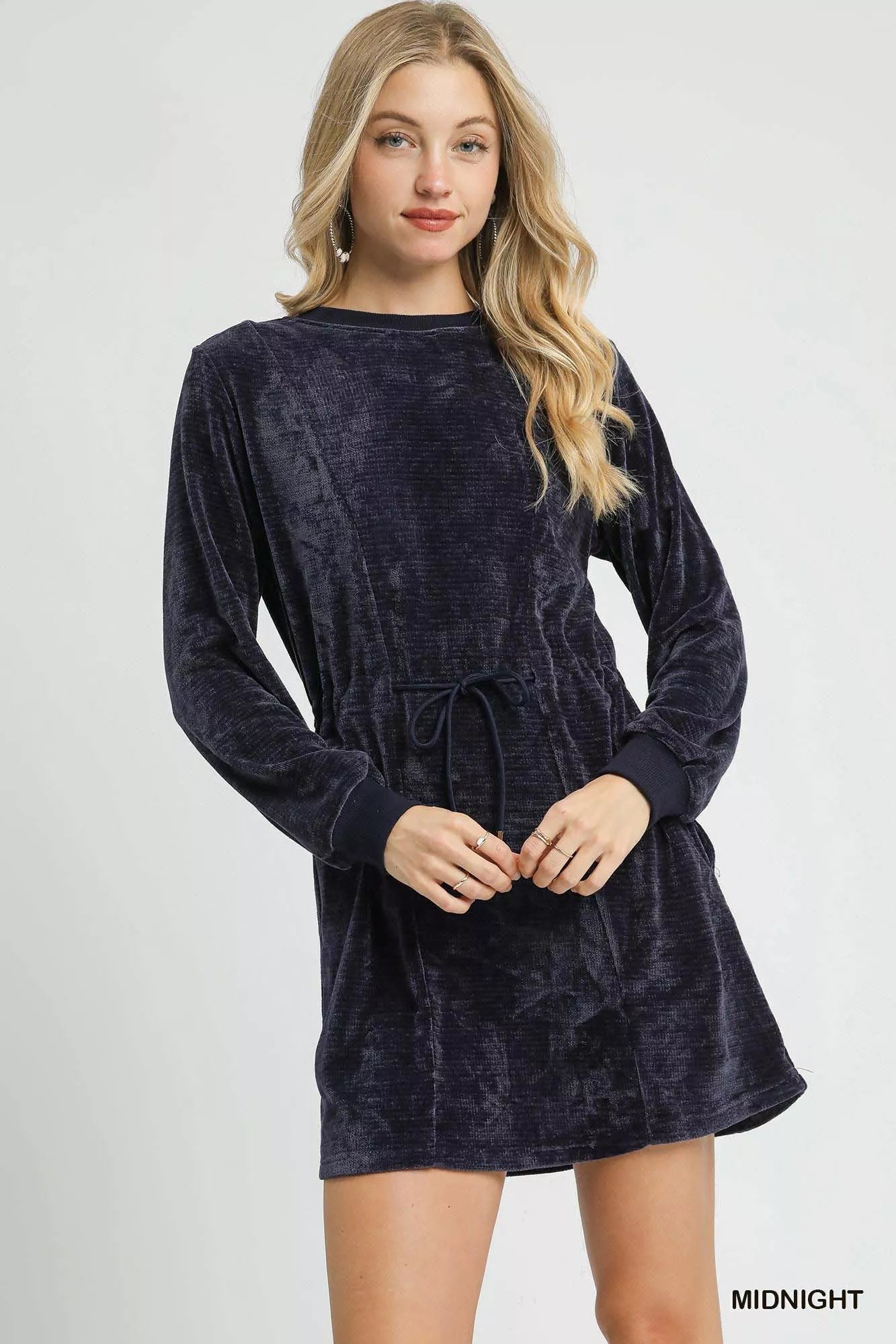 Umgee Velour Drawstring Mini Dress with Long Sleeves - Jennie Dots