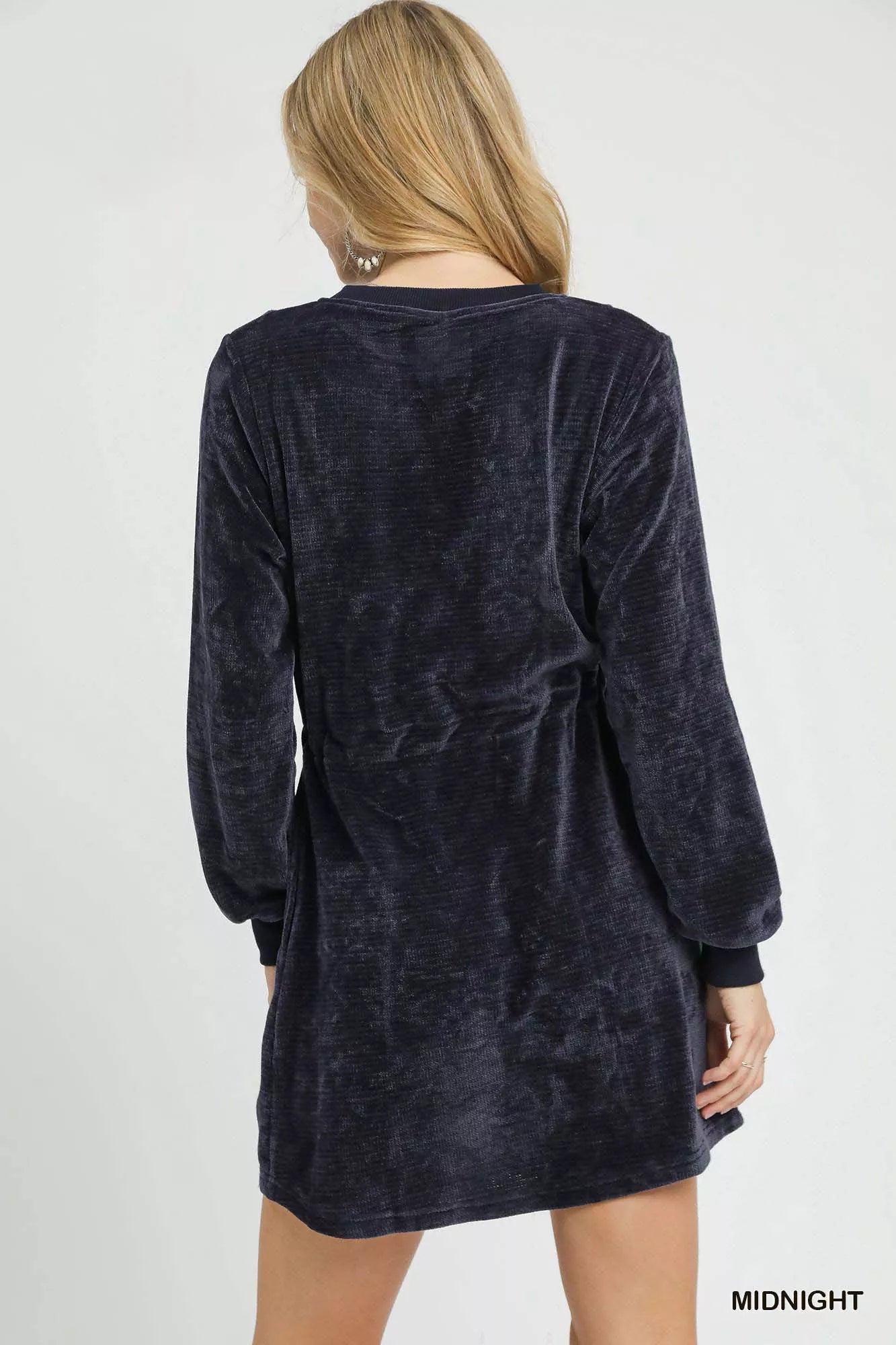 Umgee Velour Drawstring Mini Dress with Long Sleeves - Jennie Dots
