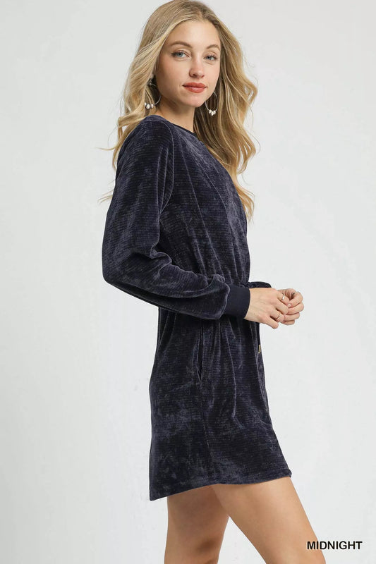 Umgee Velour Drawstring Mini Dress with Long Sleeves - Jennie Dots
