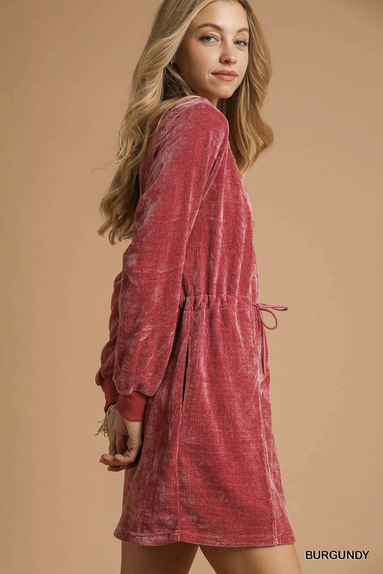 Umgee Velour Drawstring Mini Dress with Long Sleeves - Jennie Dots