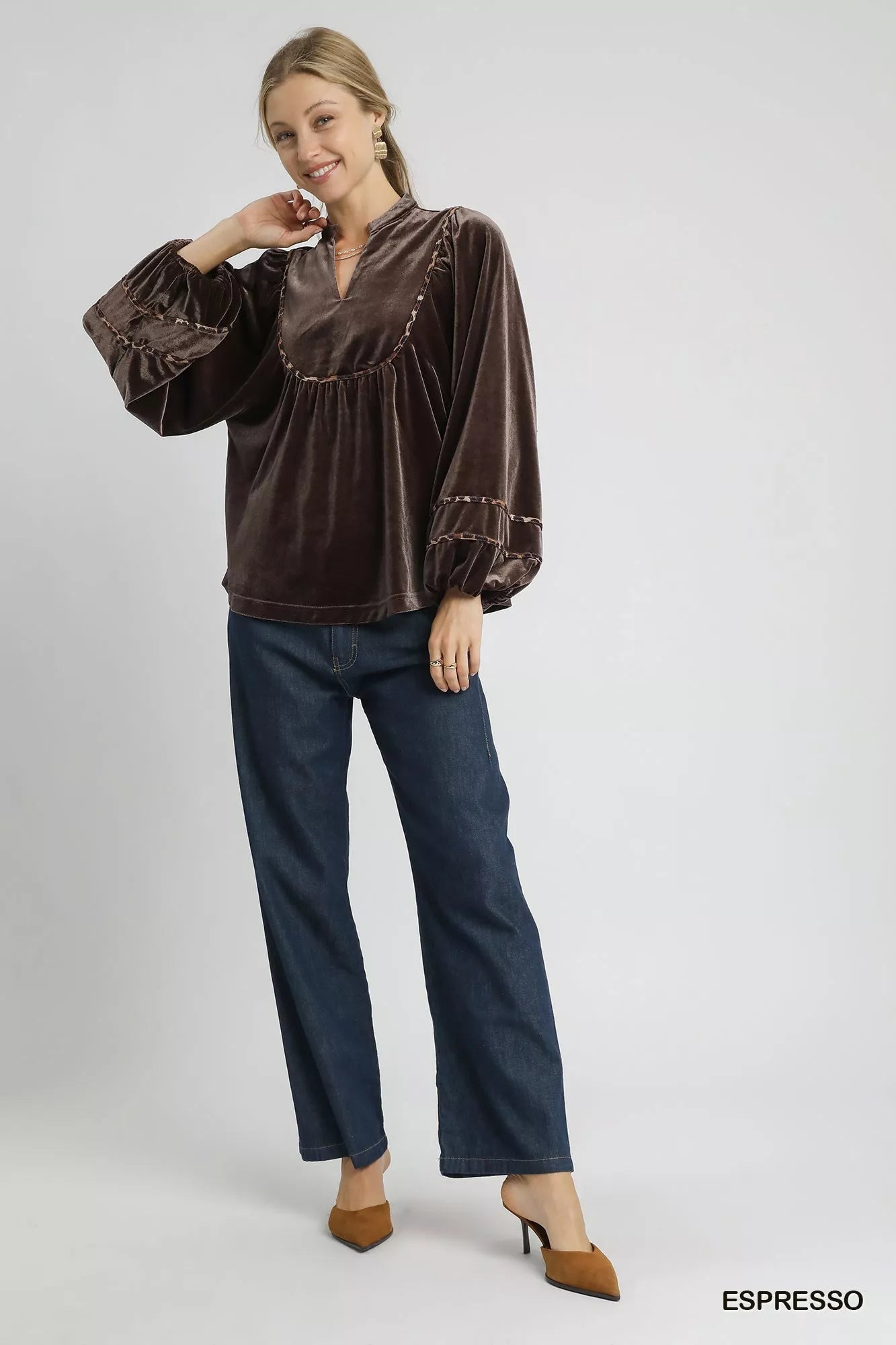Umgee Velvet Long Sleeve Blouse with Contrast Trim - Jennie Dots