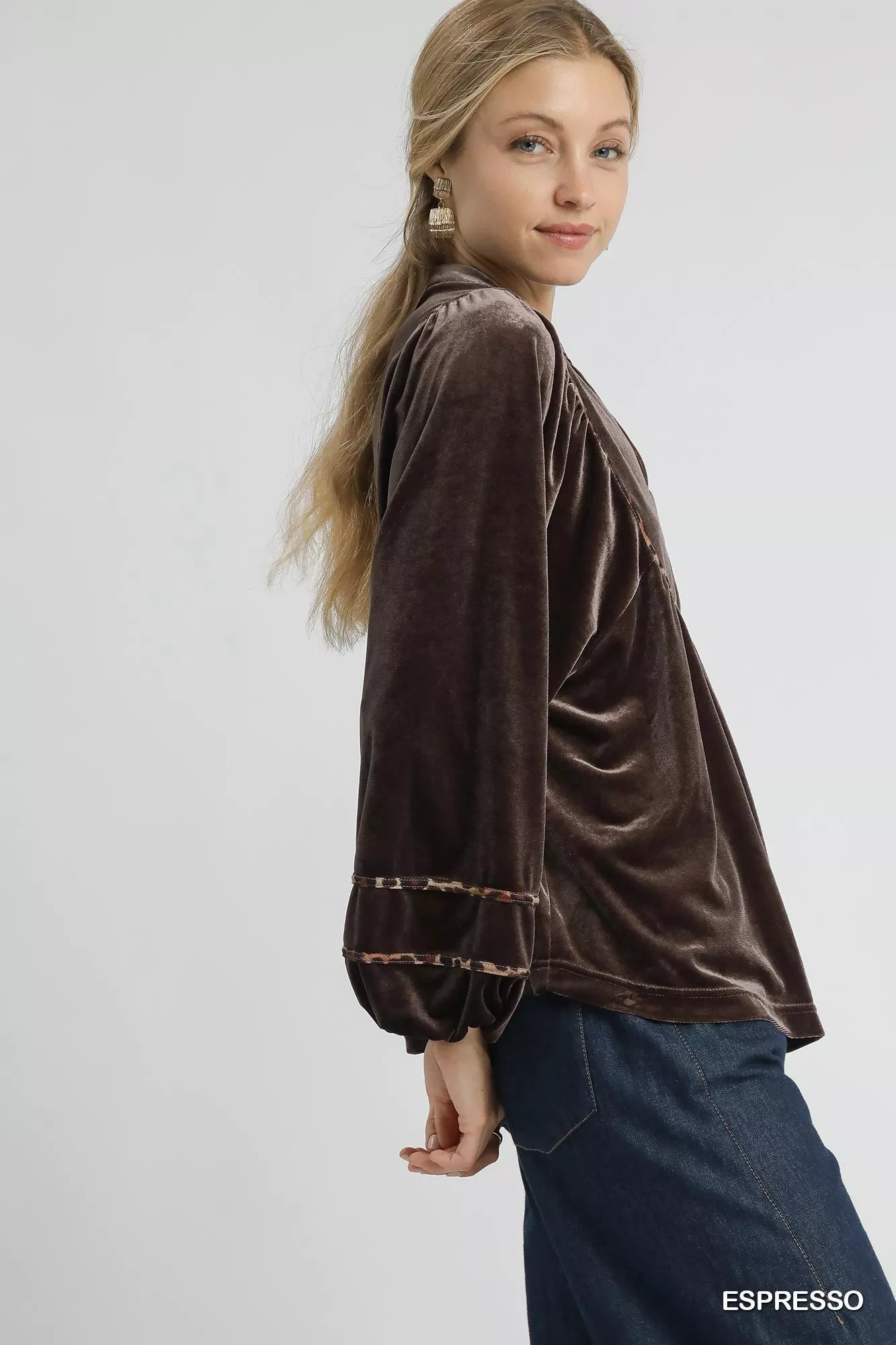 Umgee Velvet Long Sleeve Blouse with Contrast Trim - Jennie Dots
