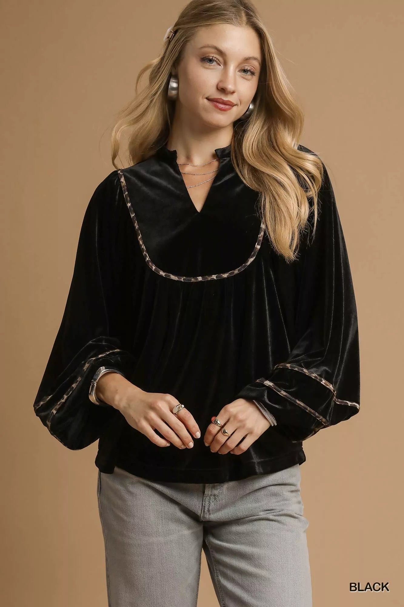 Umgee Velvet Long Sleeve Blouse with Contrast Trim - Jennie Dots