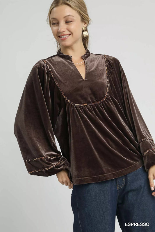 Umgee Velvet Long Sleeve Blouse with Contrast Trim - Jennie Dots