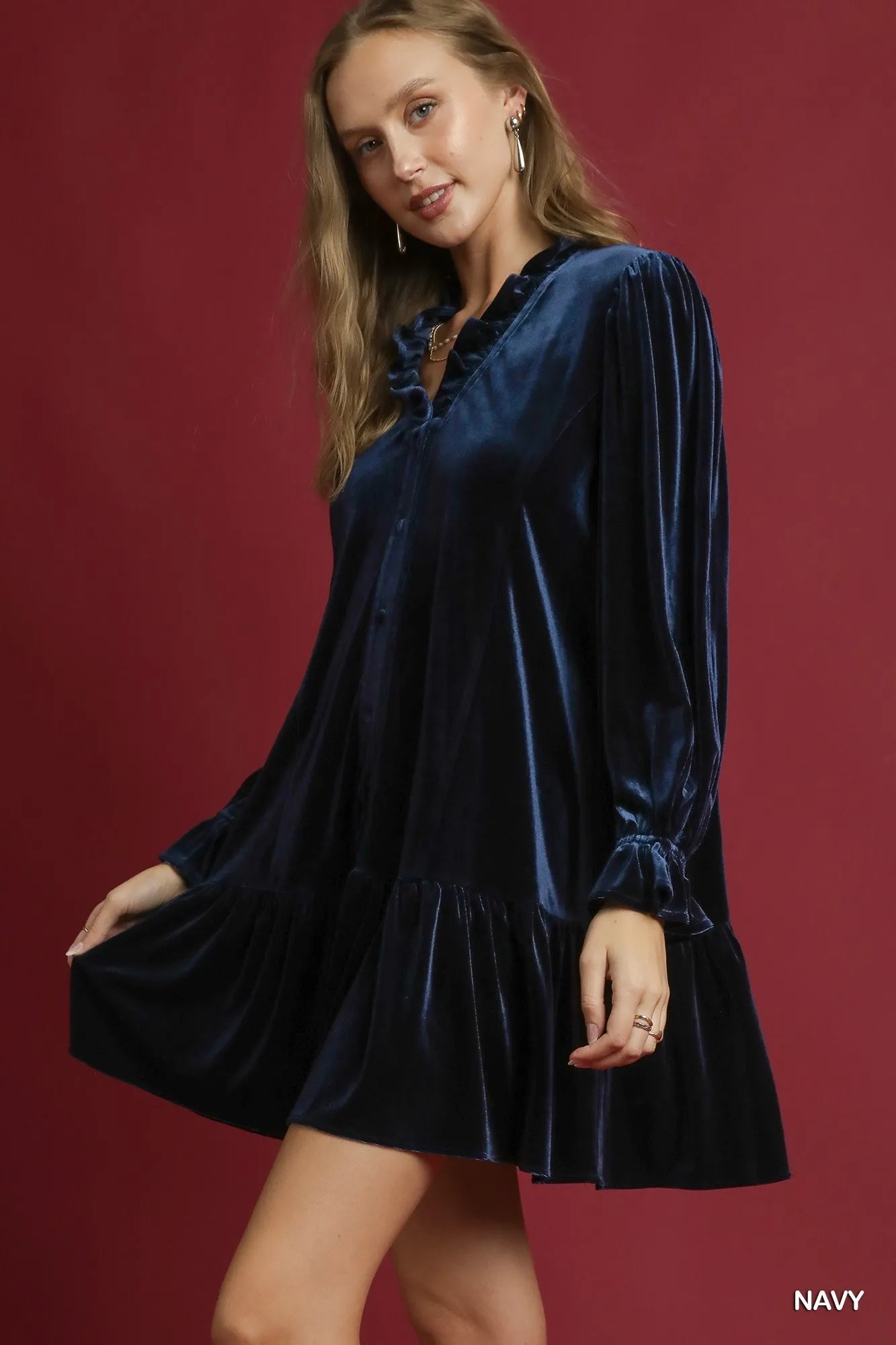 Umgee Velvet Ruffle Trim Mini Dress - Jennie Dots