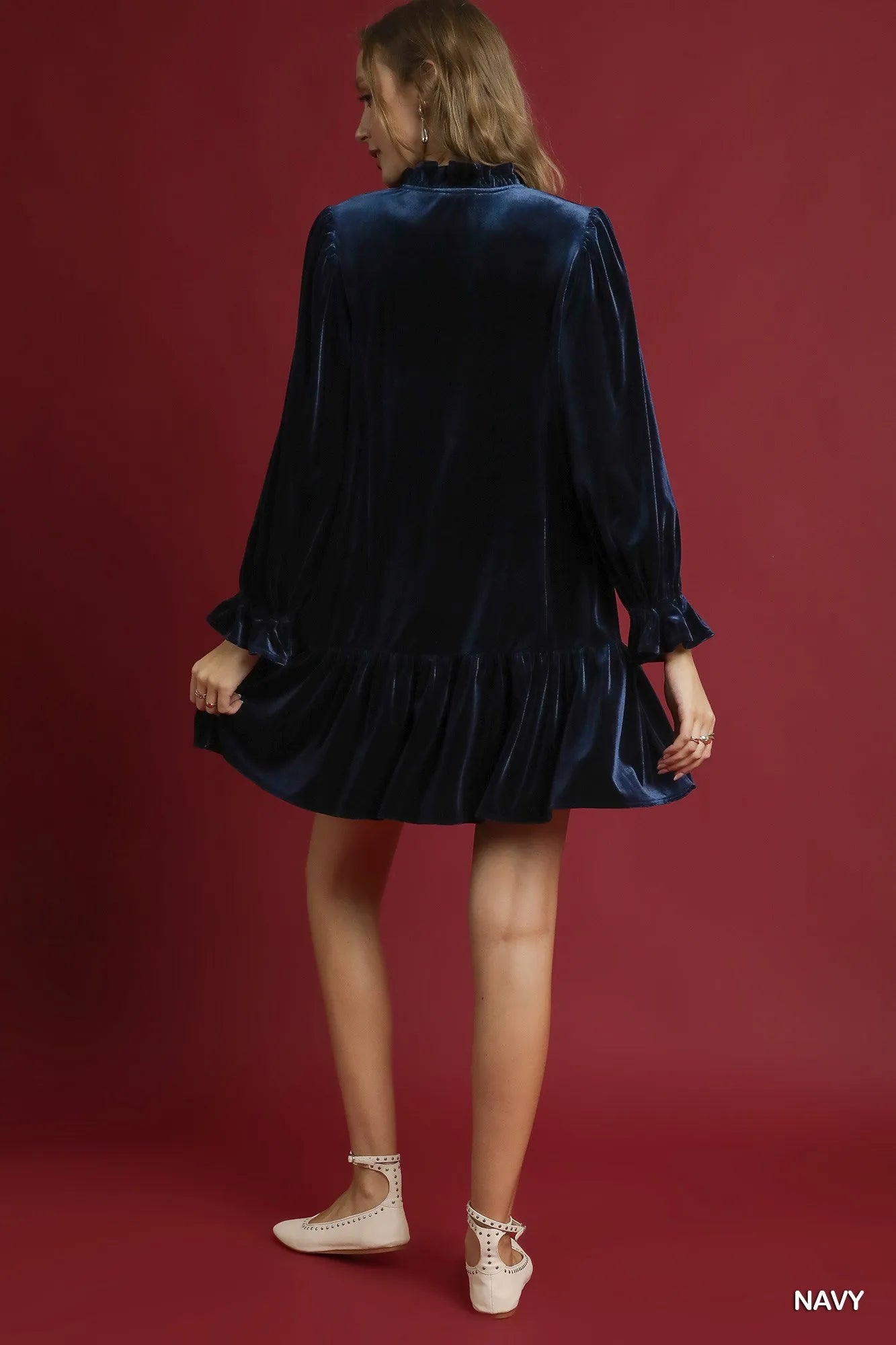 Umgee Velvet Ruffle Trim Mini Dress - Jennie Dots