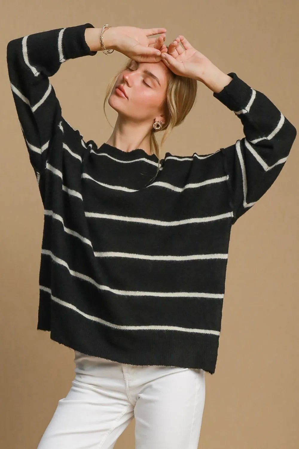 Umgee Wool Blend Striped Round Neck Sweater - Jennie Dots