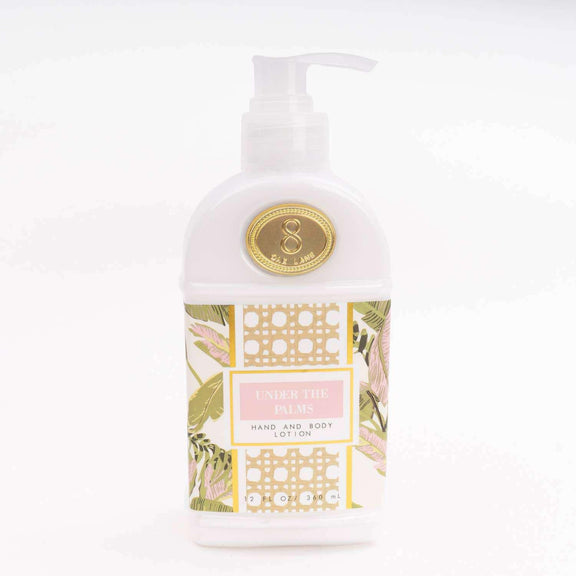 Under the Palms 300ml Hand & Body Lotion with botanical print packaging.
