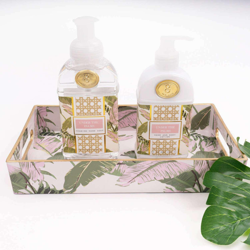Under the Palms 300ml Hand & Body Lotion with shea butter in botanical print bottle.