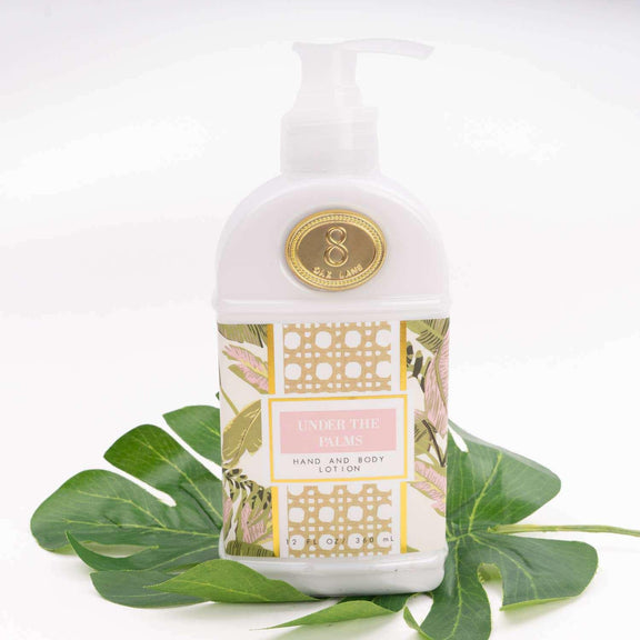 Under the Palms 300ml Hand & Body Lotion with botanical print background.