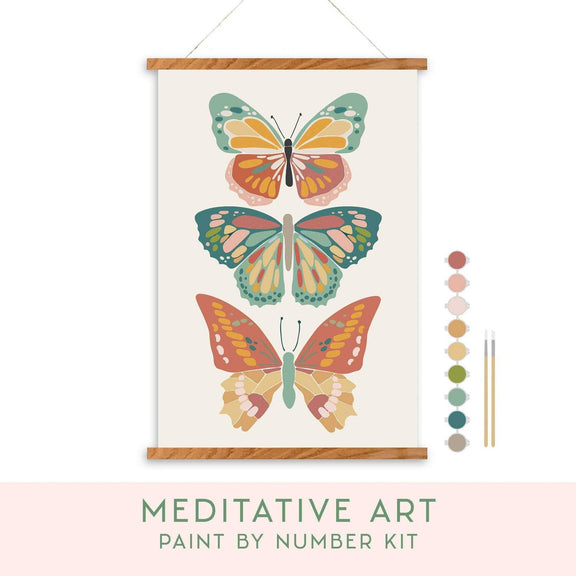 Vibrant Butterflies Meditative Art Paint by Number Kit with paintbrushes and numbered poster.