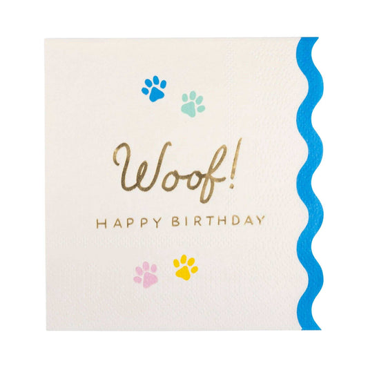 Woof Paw Print Cocktail Napkins with colorful paw prints and gold foil accents.