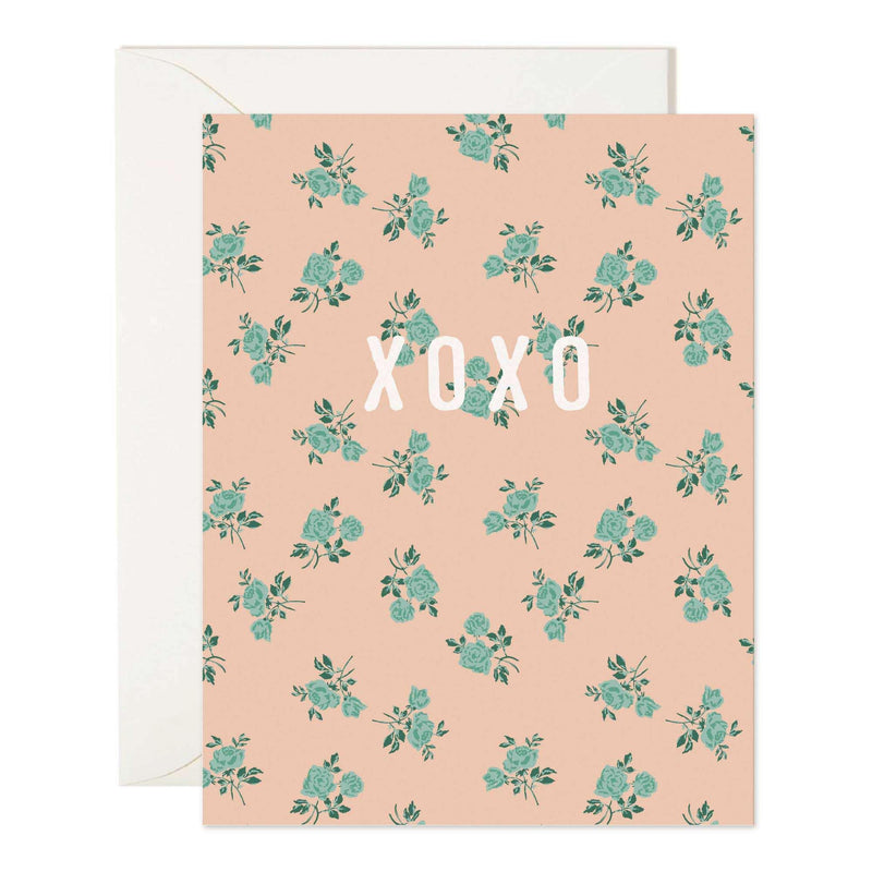 XOXO Vintage Rose greeting card with rose pattern and matching envelope.