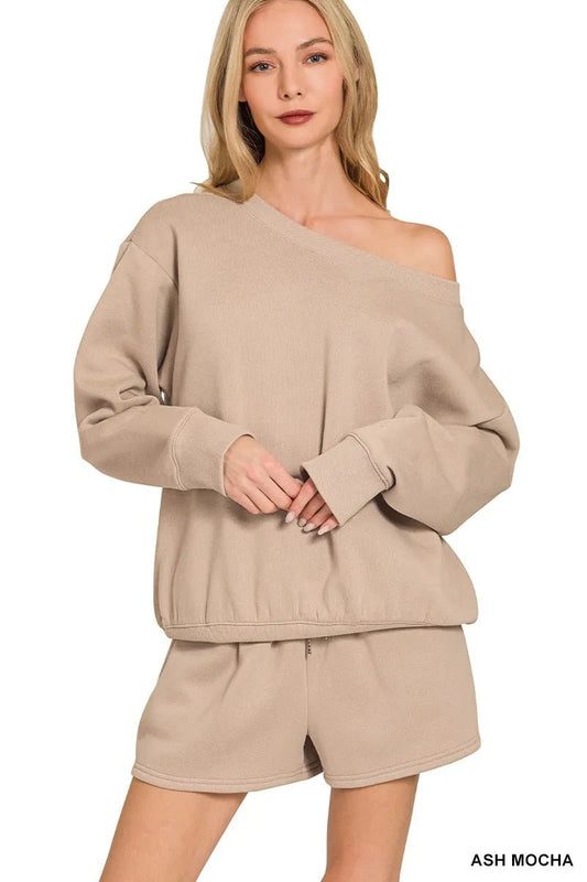 Zenana Fleece Boat Neck Sweatshirt and Shorts Set - Jennie Dots