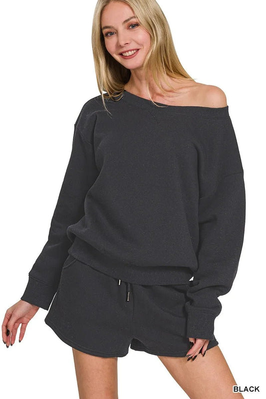 Zenana Fleece Boat Neck Sweatshirt and Shorts Set - Jennie Dots