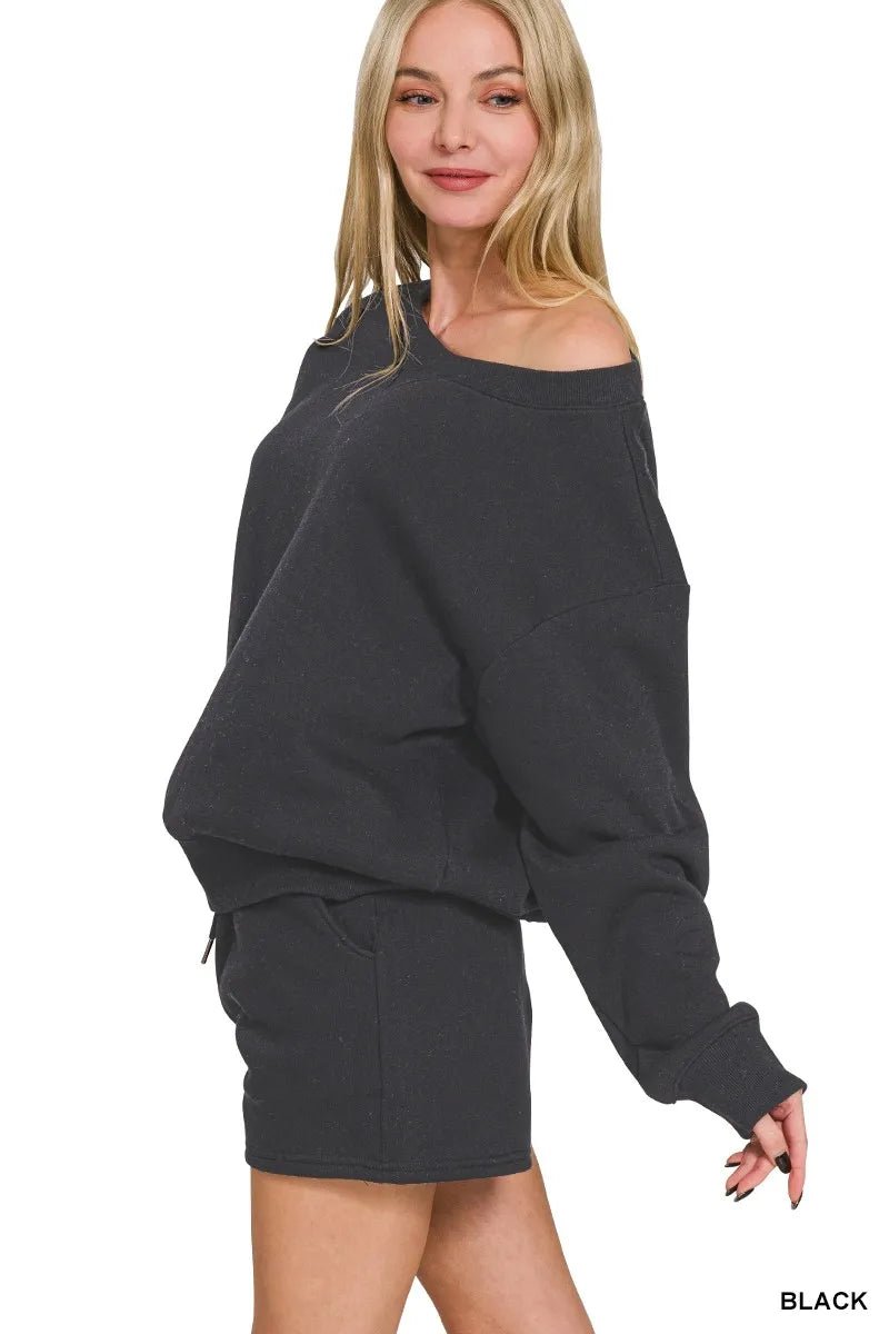 Zenana Fleece Boat Neck Sweatshirt and Shorts Set - Jennie Dots