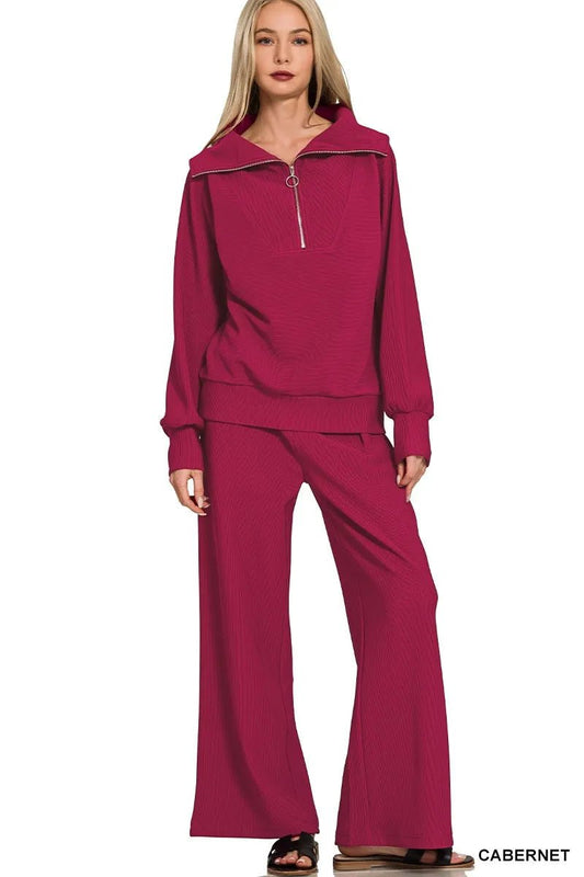Zenana Ribbed High Neck Half Zip Pullover & Pants Set - Jennie Dots