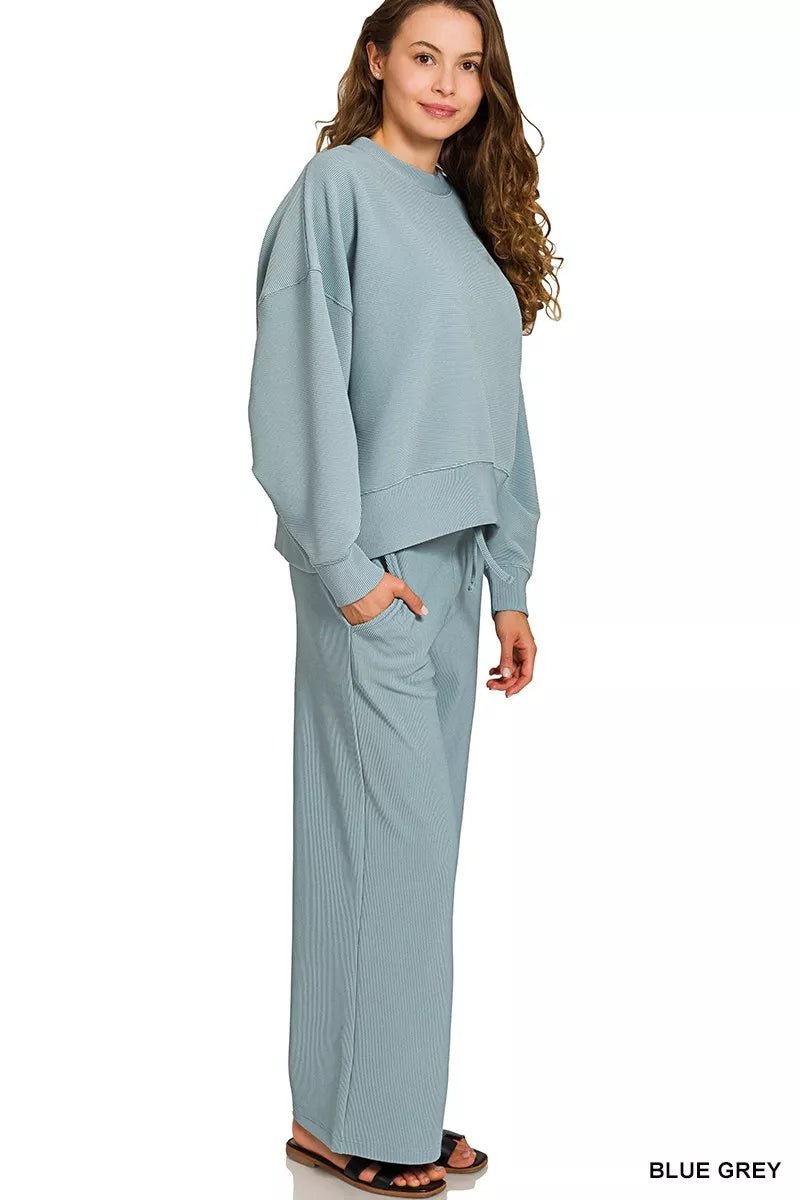 Zenana Ribbed Round Neck Pullover and Drawstring Pants Set - Jennie Dots