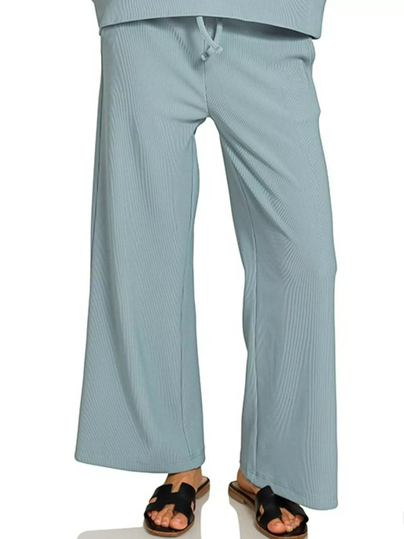 Zenana Ribbed Round Neck Pullover and Drawstring Pants Set - Jennie Dots