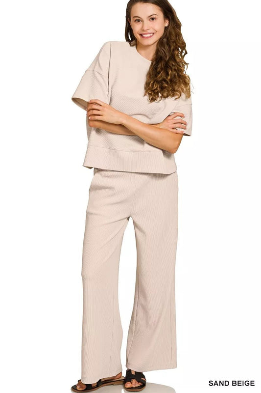 Zenana Ribbed Round Neck Tee & Pants Set - Jennie Dots