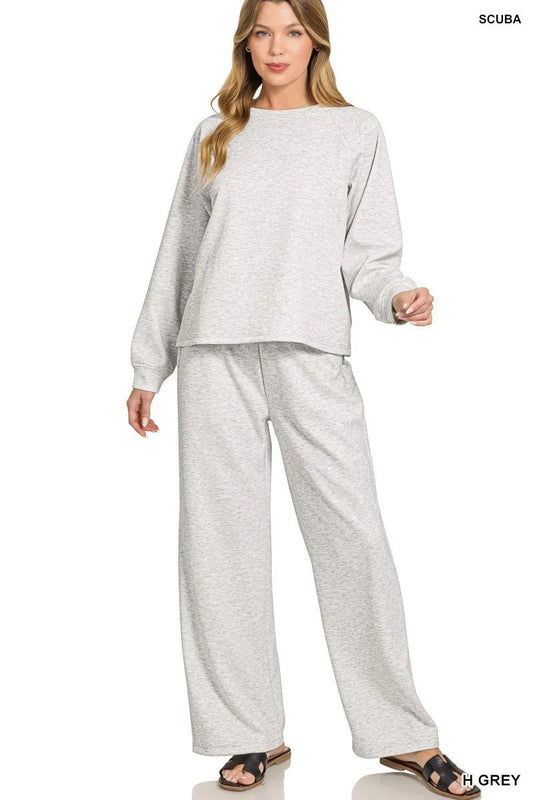 Zenana Scuba Crewneck Sweatshirt and Pants Set - Jennie Dots