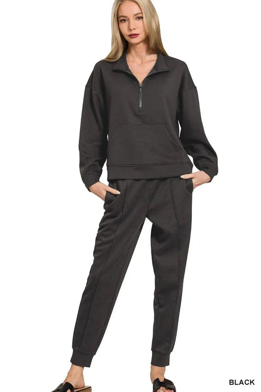 Zenana Scuba Half Zip Sweatshirt and Joggers Set - Jennie Dots